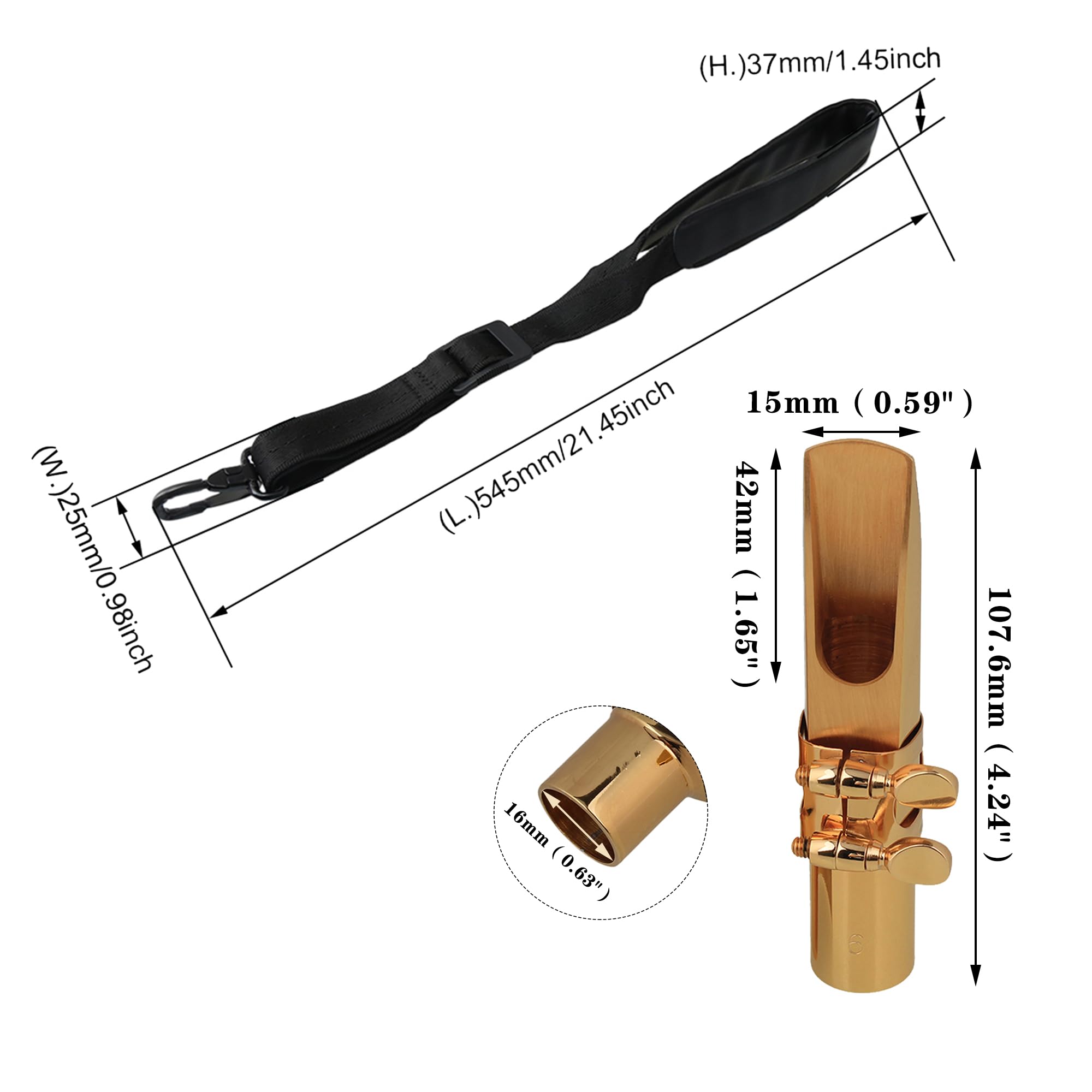 Yibuy 2 piezas 6# Tenor B Boquilla plana para saxofón dorado para principiantes con correa para el cuello para amantes de la música