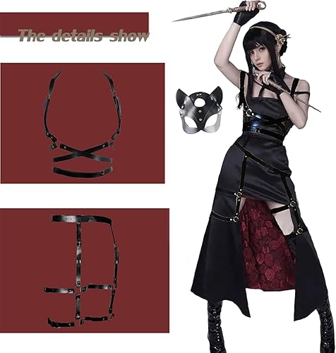 Miniatura 7 de Arnés de cuerpo completo punk para mujer, brasier enjaulado, festival, baile, rock, Halloween, conjunto de correa de cuero para el pecho