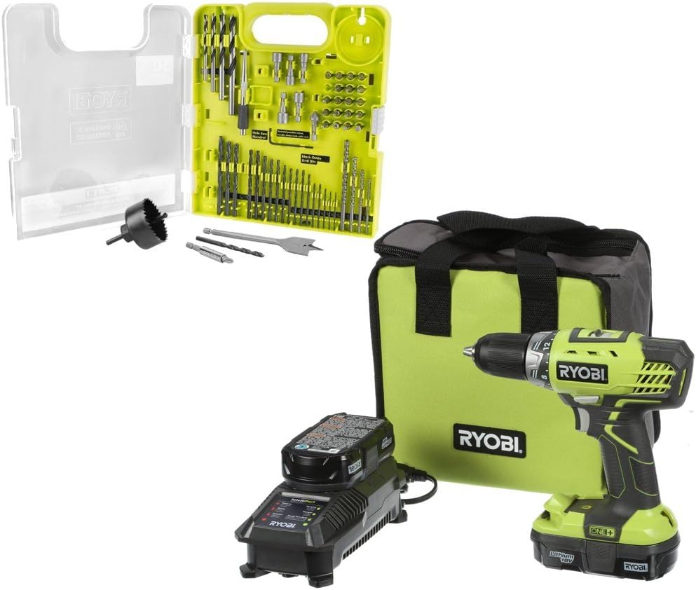 Cordless Drill Kit: Ryobi P1811 ONE+ 18-Volt Lithium-Ion Compact Drill/Driver Kit with Ryobi A98601G (60 Piece) Drill and Drive Kit (Bundle)