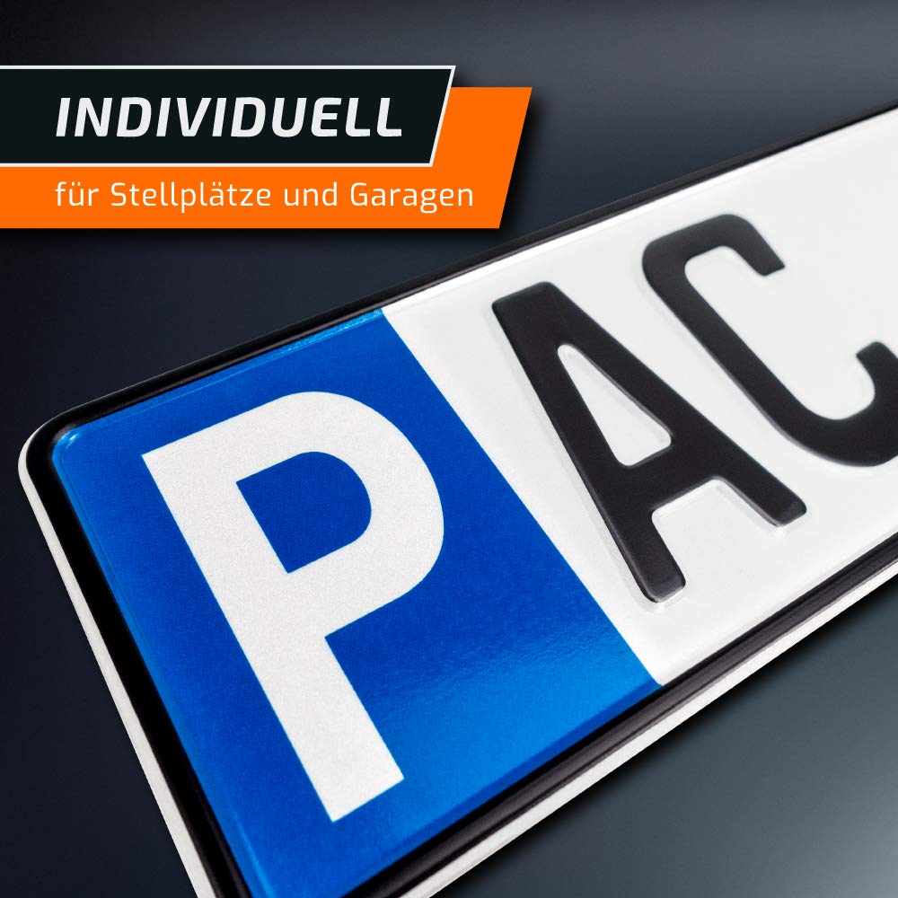 1 Parkplatzschild | 520 x 110 mm | WUNSCHTEXT BIS ZU 9 ZEICHEN | Parkplatz-Kennzeichen | Kfz Kennzeichen | Wunschbeschriftung | DHL-Versand