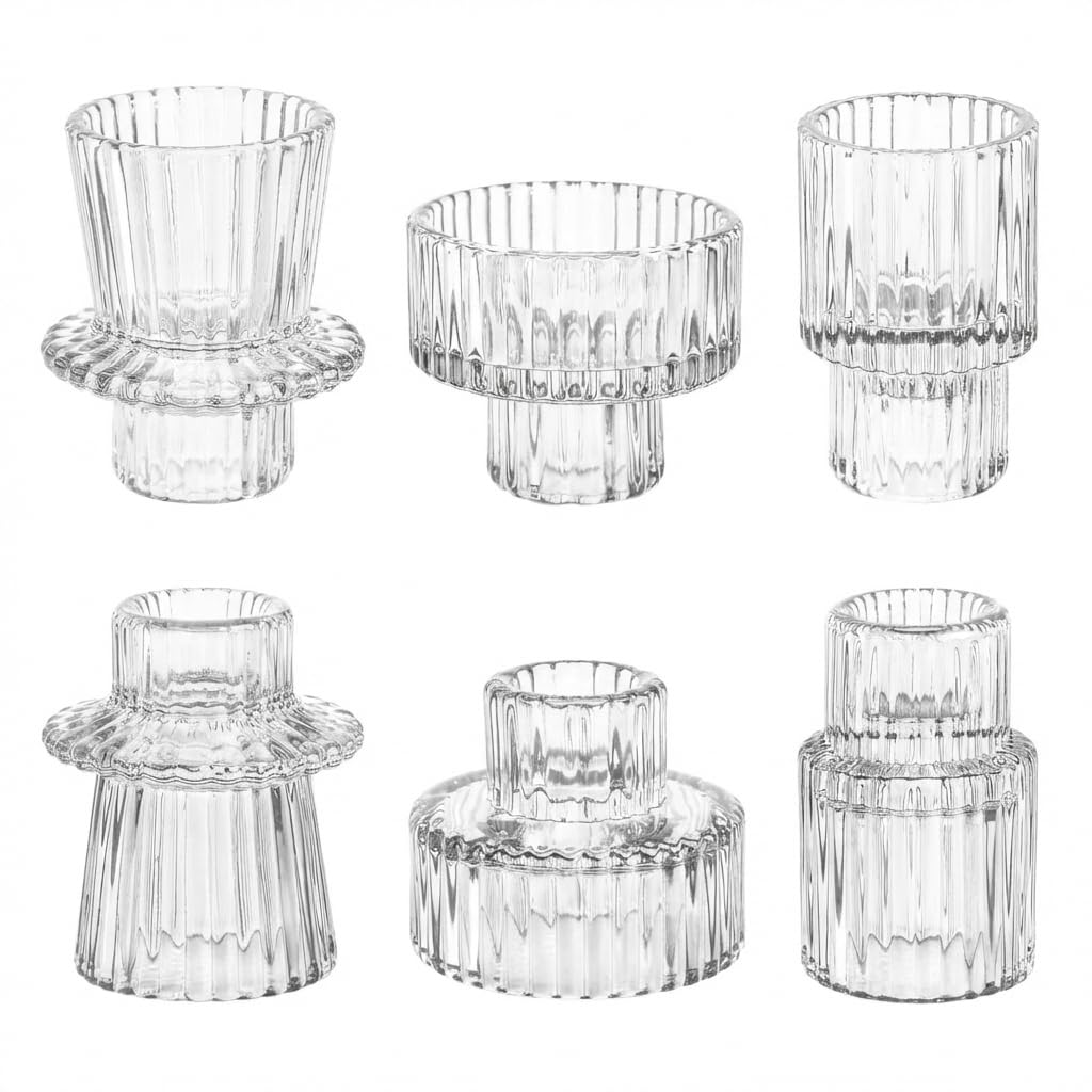 Olrla Lot de 6 bougeoirs en verre multi-tailles 2 en 1 pour bougies coniques, piliers et bougies chauffe-plat – Centre de table élégant pour mariage, décoration d'intérieur (transparent)