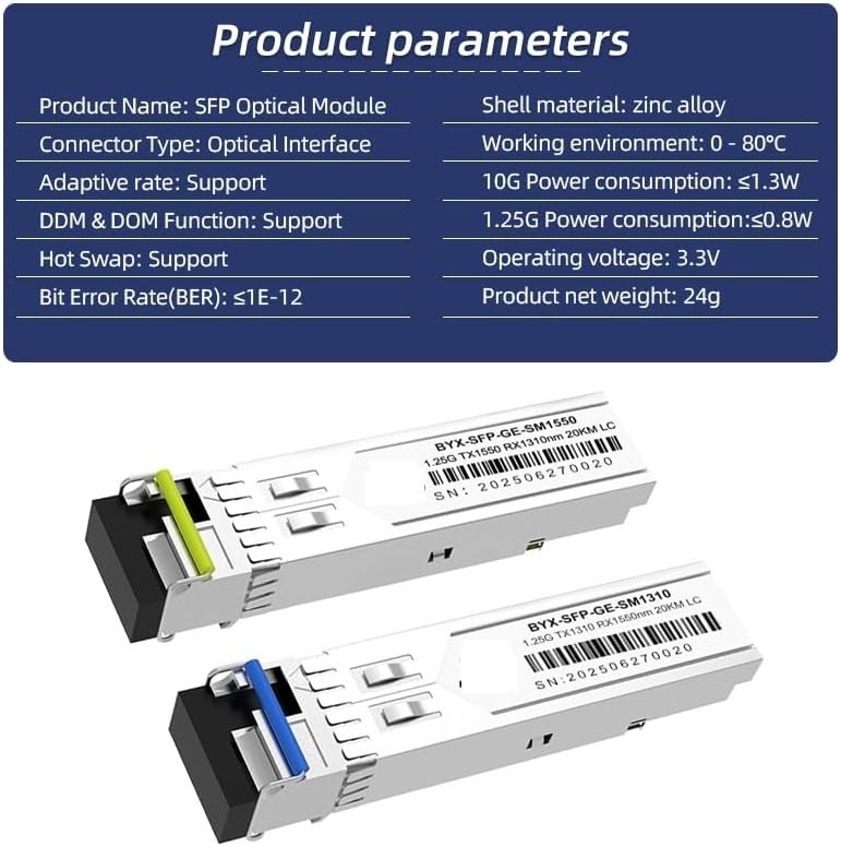 Adaptive Rate SM LC/SC SFP Optical Module, Router/Switch 1.25G/10G SFP+ Module,BiDi/Duplex SFP Fiber Optic Transceiver(1.25G SC 80KG -1Pair)