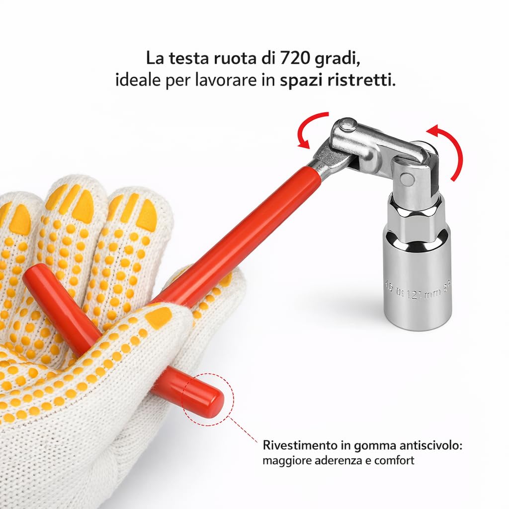 topolenashop Chiave Candela Universale 16 mm 21 mm con Snodo Professionale e Impugnatura a T – Set 3 Pezzi in Acciaio Cromato per Auto Moto Scooter – Chiave Candela Snodata | 201612