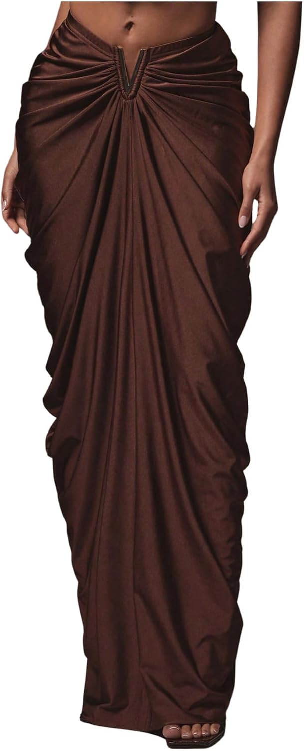 OYOANGLE Women's Ruched Maxi Skirts V Waist Bodycon Formal Cocktail Party Date Night Skirts