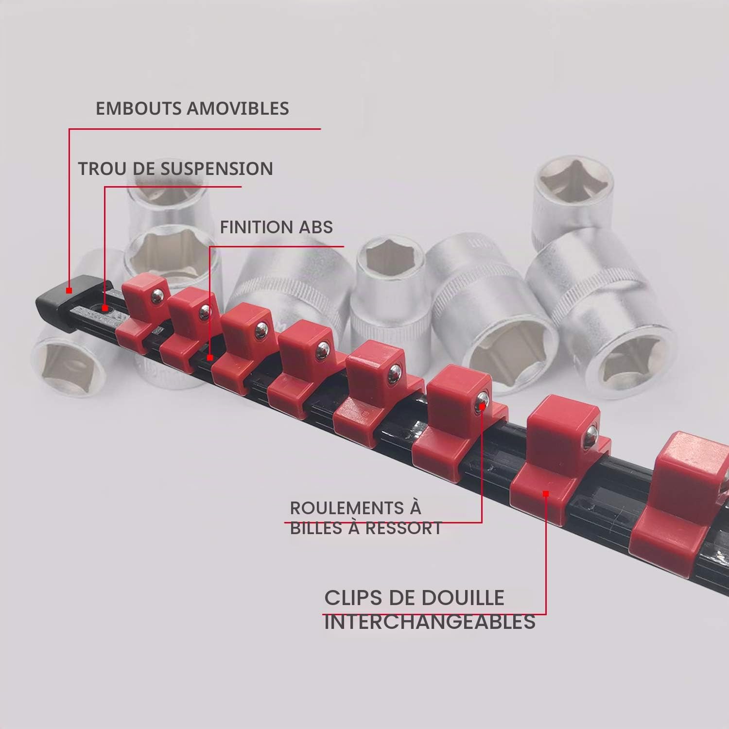 ACEBON Lot de 6 Porte-Douilles 1/2" (12,7 mm), 3/8" (10 mm), 1/4" (6,3 mm), Rail de Rangement avec 86 Clips, Support pour Douilles Métriques et SAE, Organisateur pour Boîte à Outils, Garage et Atelier
