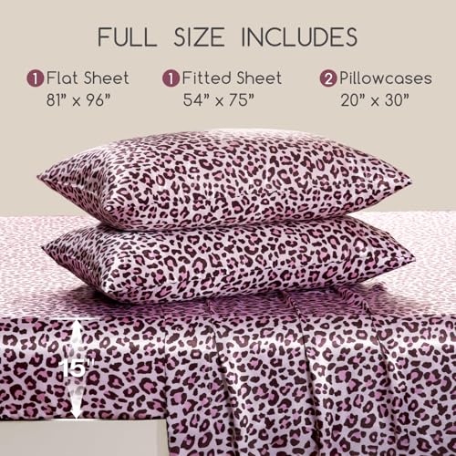 Image of MR&HM Satin Bed Sheets with Elastic Corner Straps, Full Size Sheets Set, 4 Pcs Silky Bedding Set with 15 Inches Deep Pocket for Mattress (Full, Pink Leopard)