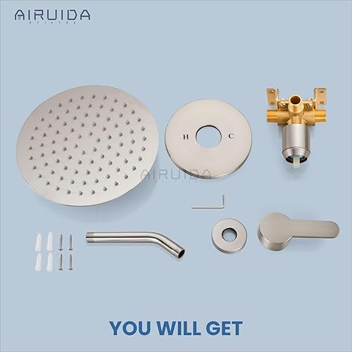 Vista 9 de Airuida Juego de grifo de ducha, cabezal de ducha redondo de 8 pulgadas, SUS304 de acero inoxidable de un solo mango, sistema de baño de montaje