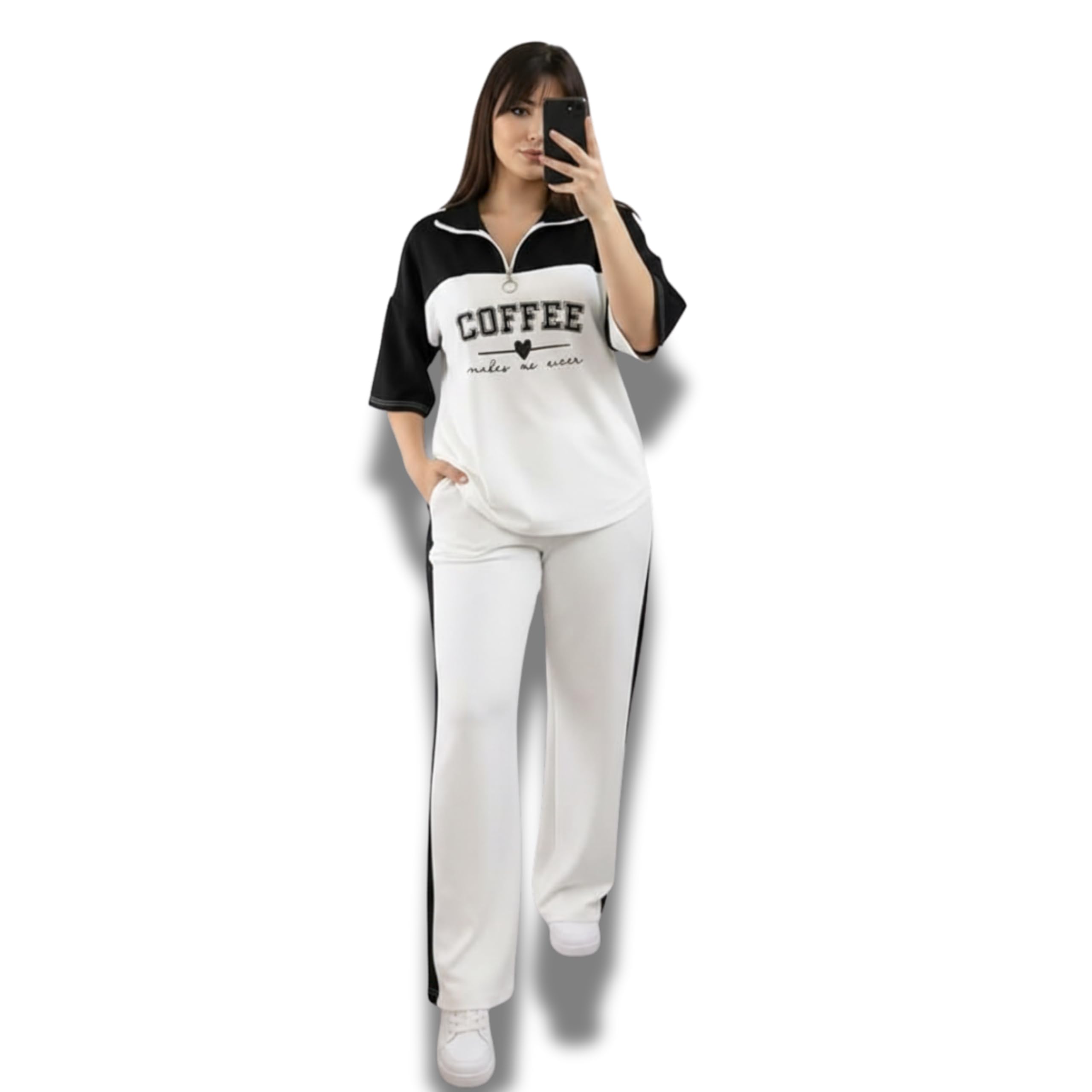 Women's Half-Zip Co-ord Set, Black and White Color Block, Coffee Graphic Print Top with Pants, Casual Loungewear-image-4