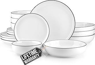 Zulay Kitchen Nova Porcelain Dinnerware Set, Service For 4 - Chip & Scratch Resistant White Plates And Bowls Sets - Microwave & Dishwasher Safe - White With Black Rim