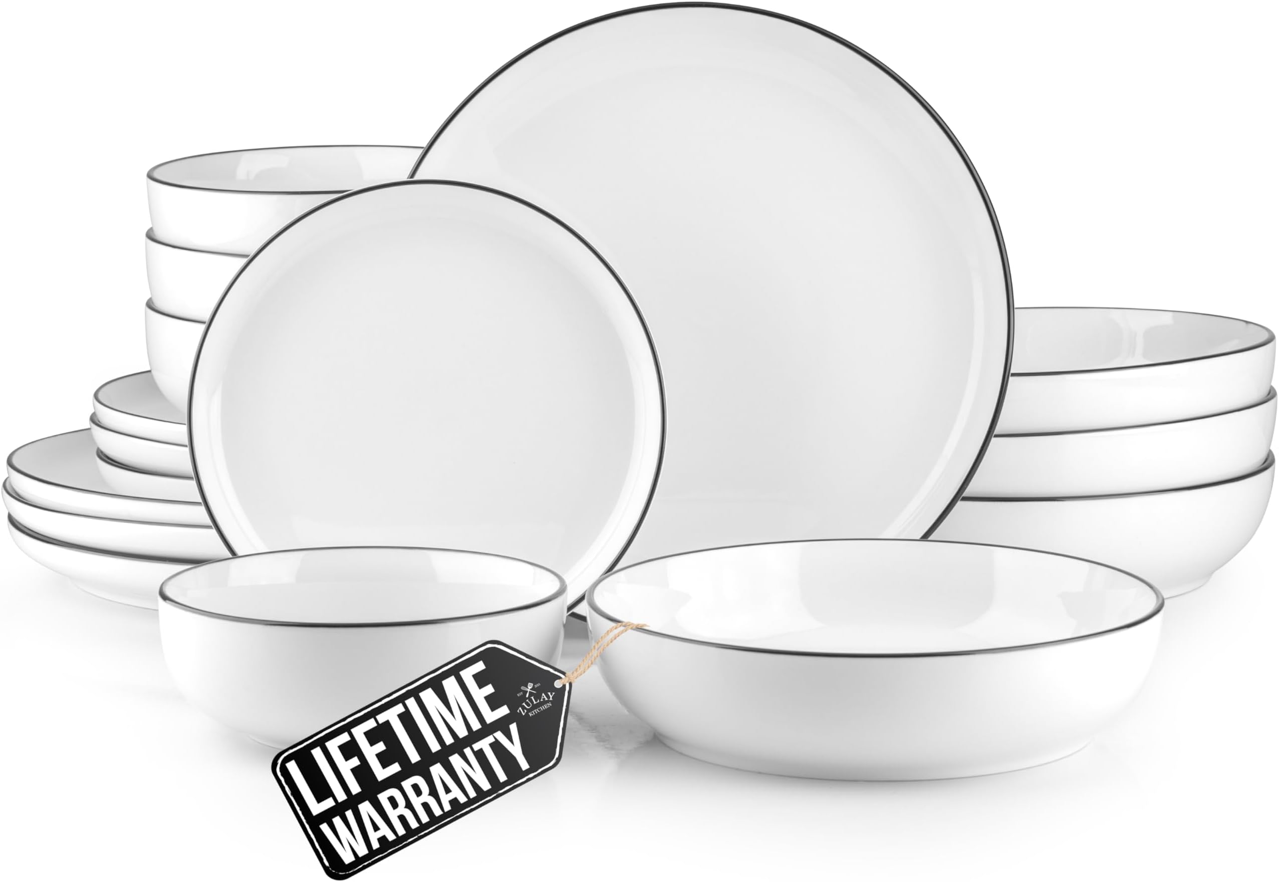 Zulay Kitchen Nova Porcelain Dinnerware Set, Service For 4 - Chip & Scratch Resistant White Plates And Bowls Sets - Microwave & Dishwasher Safe - White With Black Rim