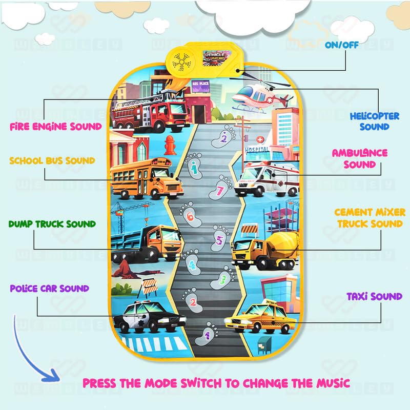 Image of Wembley Transport Musical Mat for Kids Ages 3+ Baby Piano Play Mat Musical Keyboard with 8 Vehicle Sounds Early Learning Educational Toys Birthday Gift for Boys Girls - 86 x 52CM