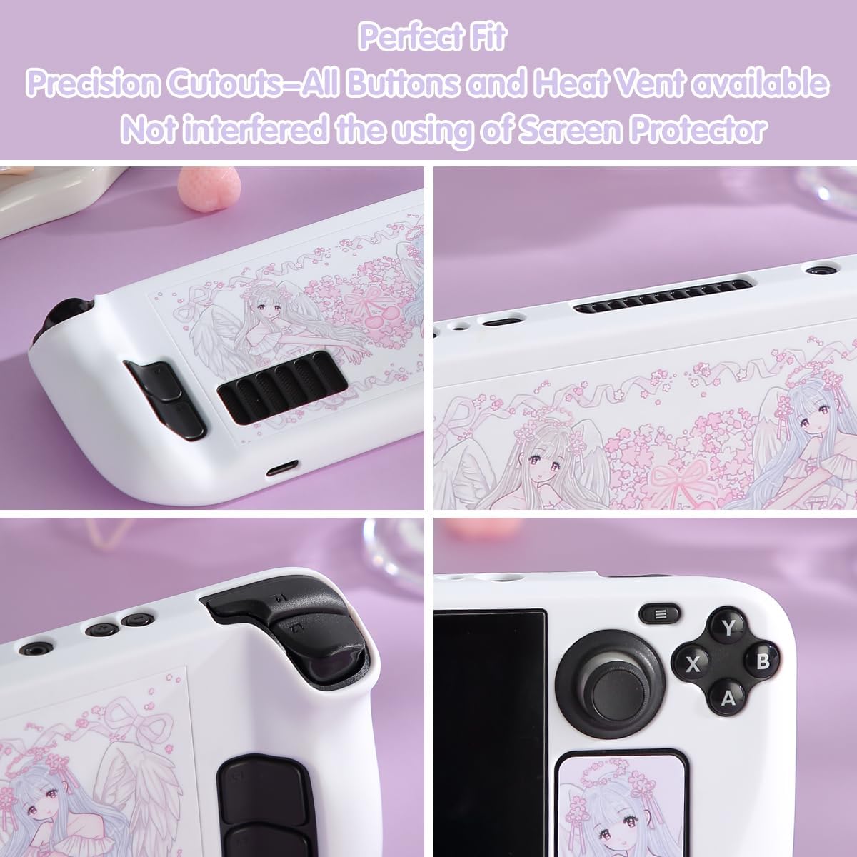 Case Compatible for Steam Deck OLED & LCD Protective Cover Shell Skin Kawaii Pink Angel Hard PC Protection Accessories with Trackpad Sticker Snap on Grip Case