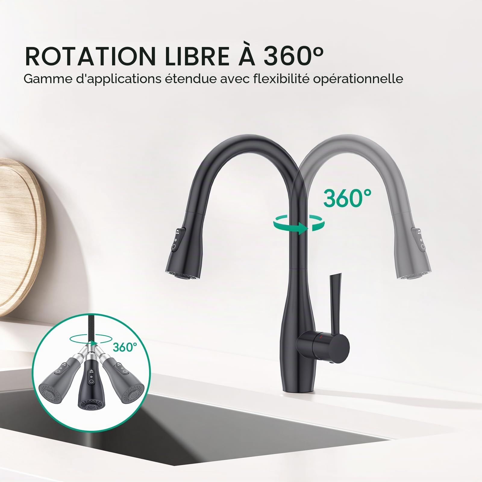 CREA Robinet de Cuisine, Robinet Cuisine avec Douchette Extensible, Robinet Cuisine Mitigeur avec 3 Modes de Jet, Robinet Évier Cuisine Rotatif à 360°, Noir Mat