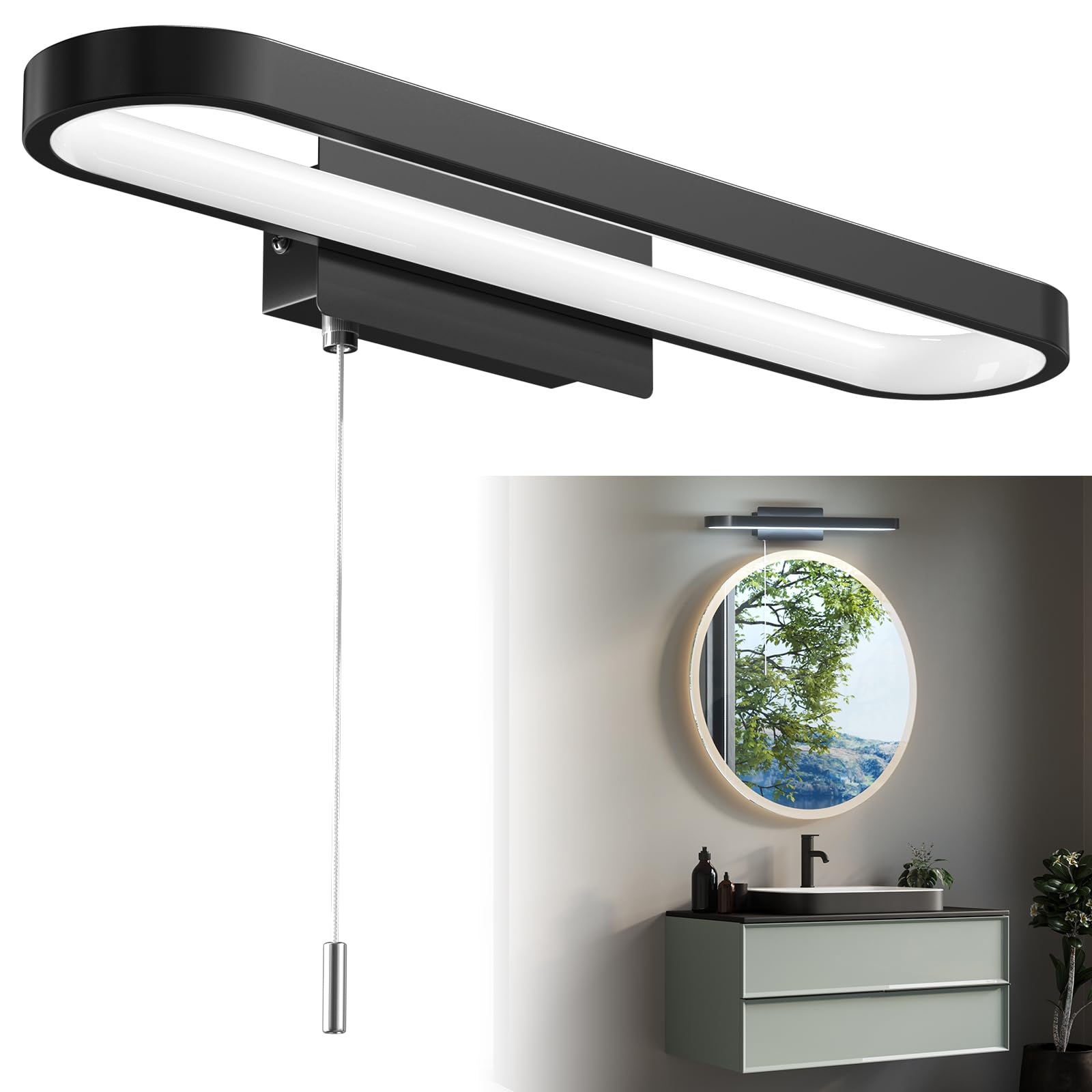 Luxvista 15W-6000K Bathroom Over Mirror Light With Pull Cord 15W, Ip44 Waterproof Led Bathroom Wall Light With Pull Cord Switch, Bathroom Over Mirror Light For Shaving And Makeup, Cool White 6000K