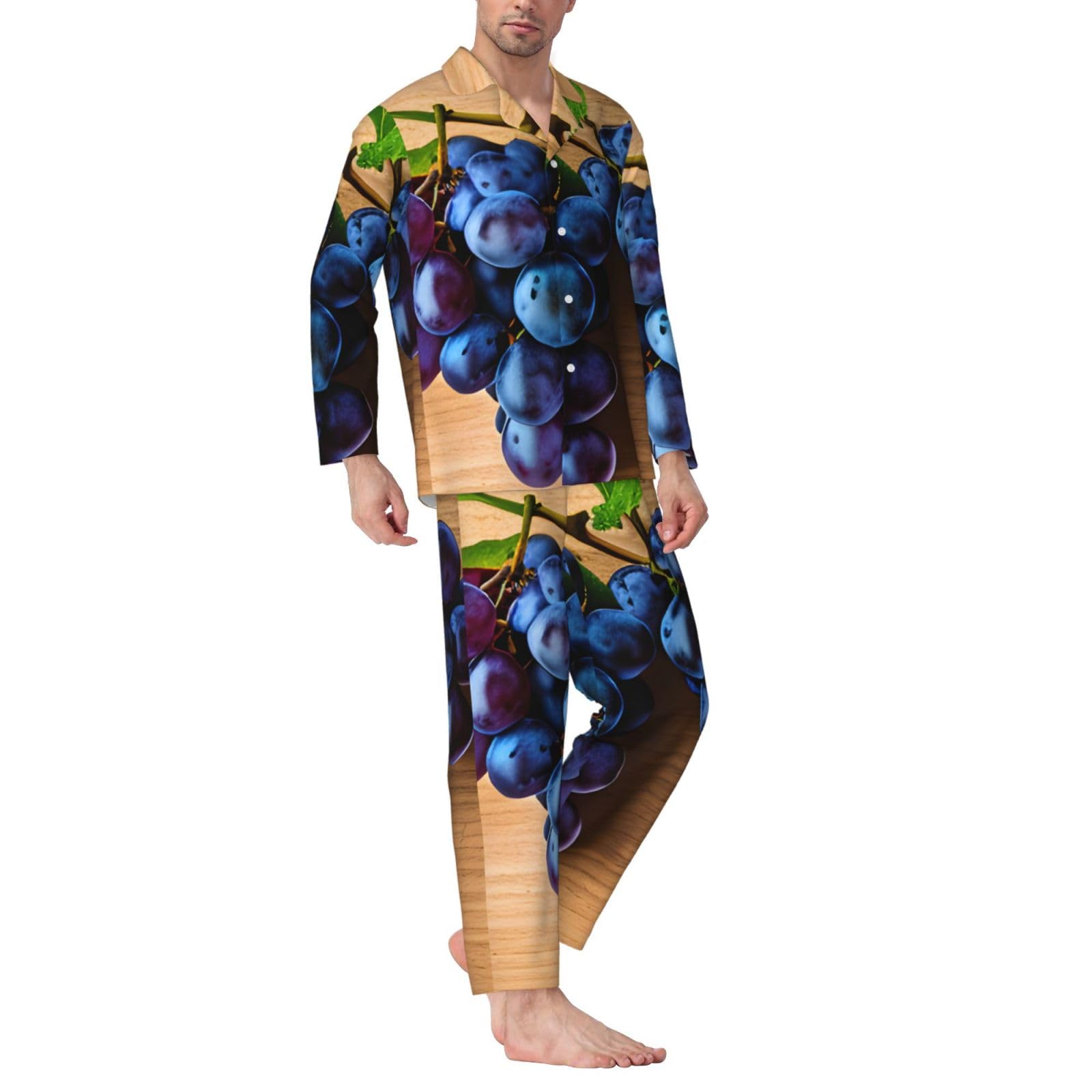 Herren-Pyjama-Set, langärmelig, Traubenmuster, zweiteilig, bequem, Nachtwäsche