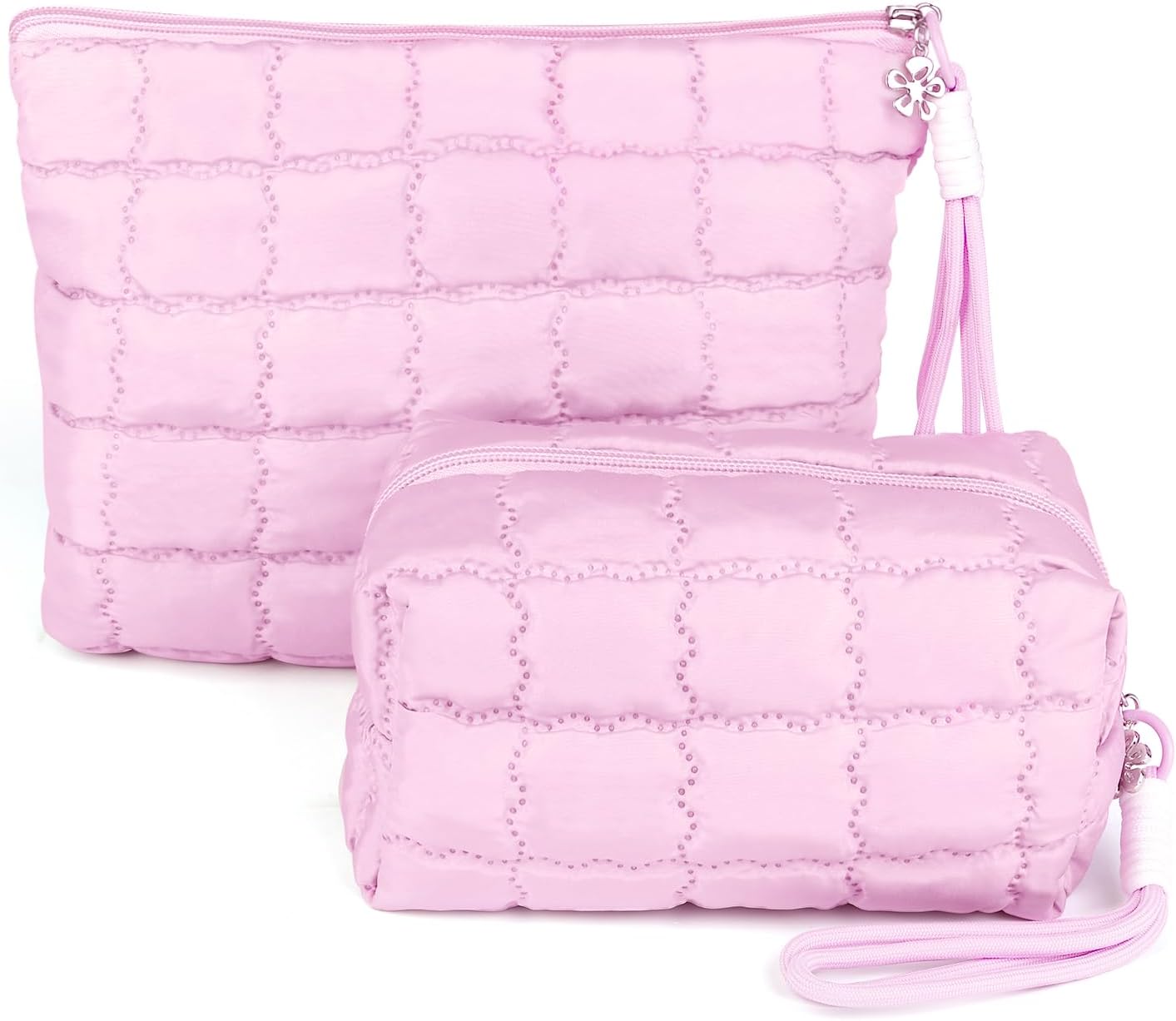 Richeart Makeup Bag Travel Toiletry Bag – Checkered Down Cotton Makeup Pouch for Women with Cosmetic and Pencil, Aesthetic Pink Design, 2 Pieces