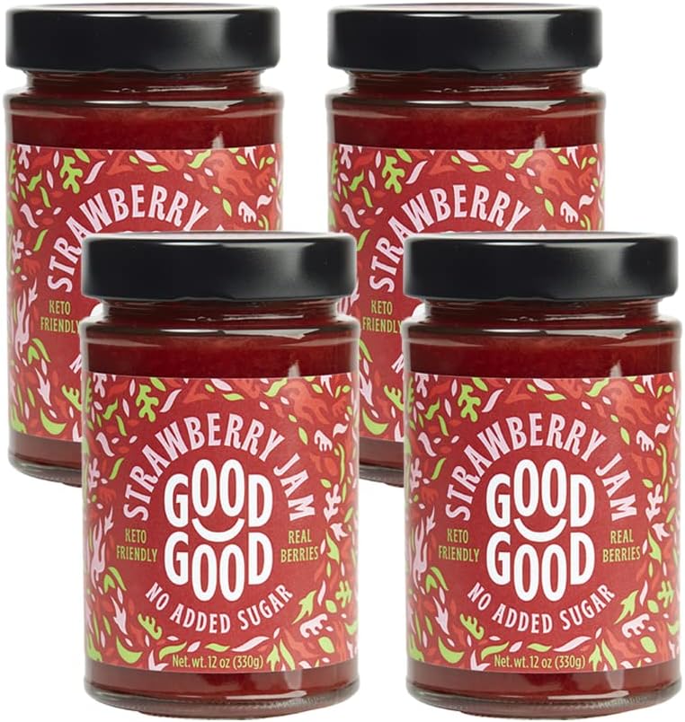 GOOD GOOD Strawberry Jam - No Added Sugar - Low Calorie - Gluten Free and Vegan - Diabetic and Keto Friendly - 12oz / 330g (Pack of 4)