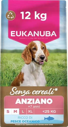 EUKANUBA Cibo secco per cani Senior senza cereali con pesce per razze di taglia piccola e media - Alimento secco premium privo di cereali per cani anziani, 12 kg