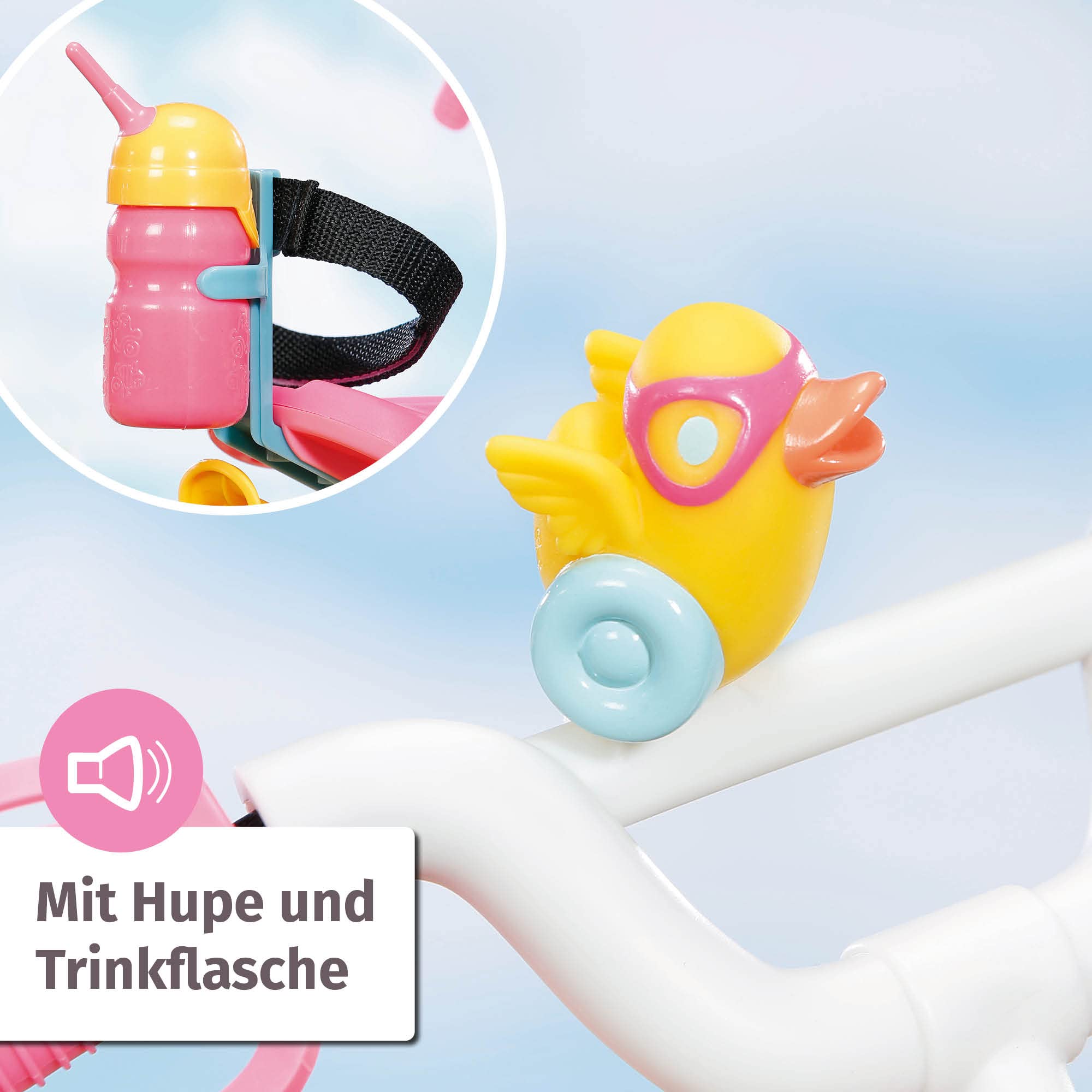 BABY Born Zapf Creation 835210 Fahrrad- rosa Puppenfahrrad für 43cm große Puppen mit Stützrädern, Schlaufen und Sicherheitsgurt, Blinklicht, Hupe und Flasche.