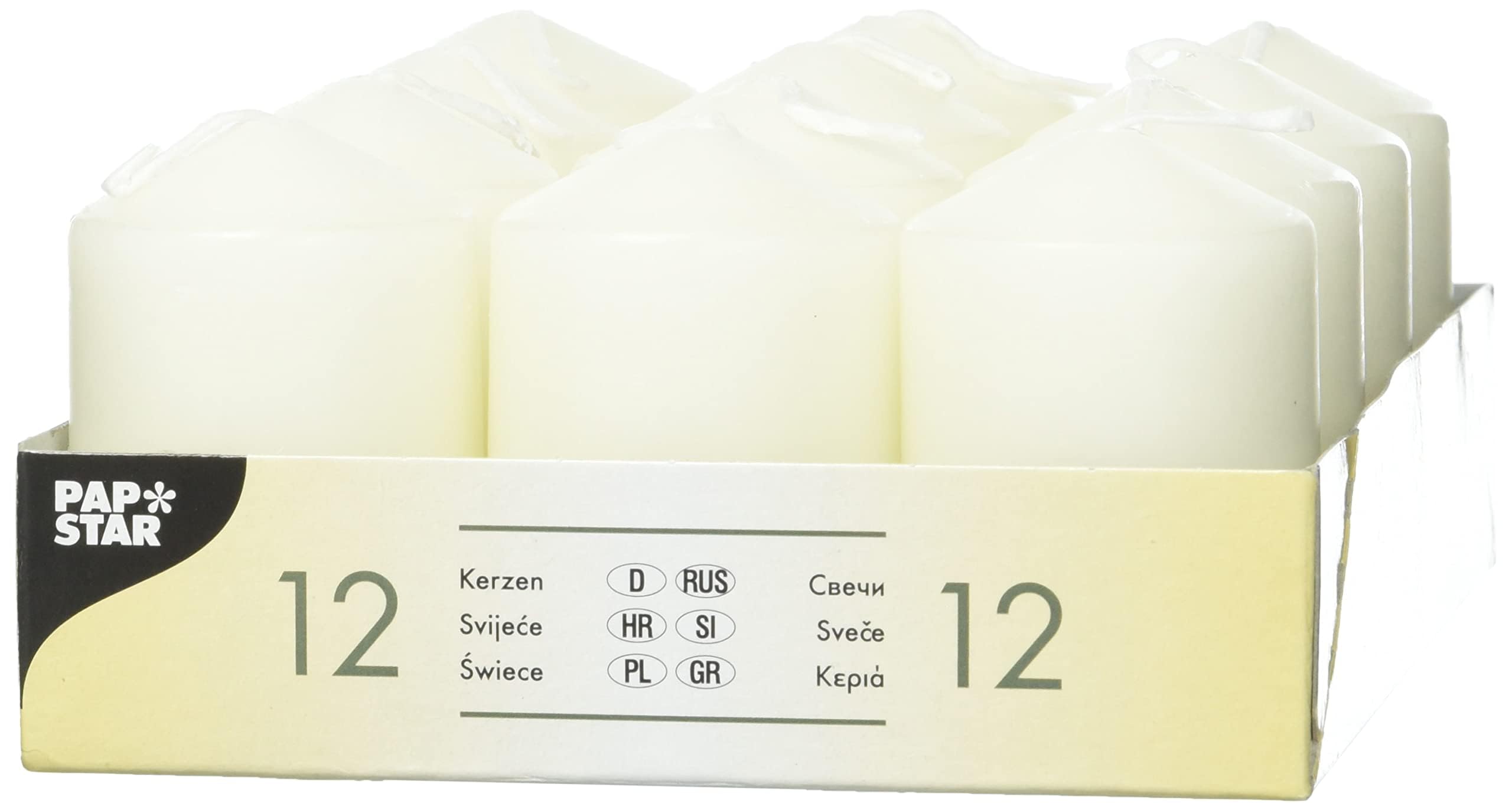 PAPSTAR 15360 12 Pillar Candles Diameter 40 x 60 mm Ivory