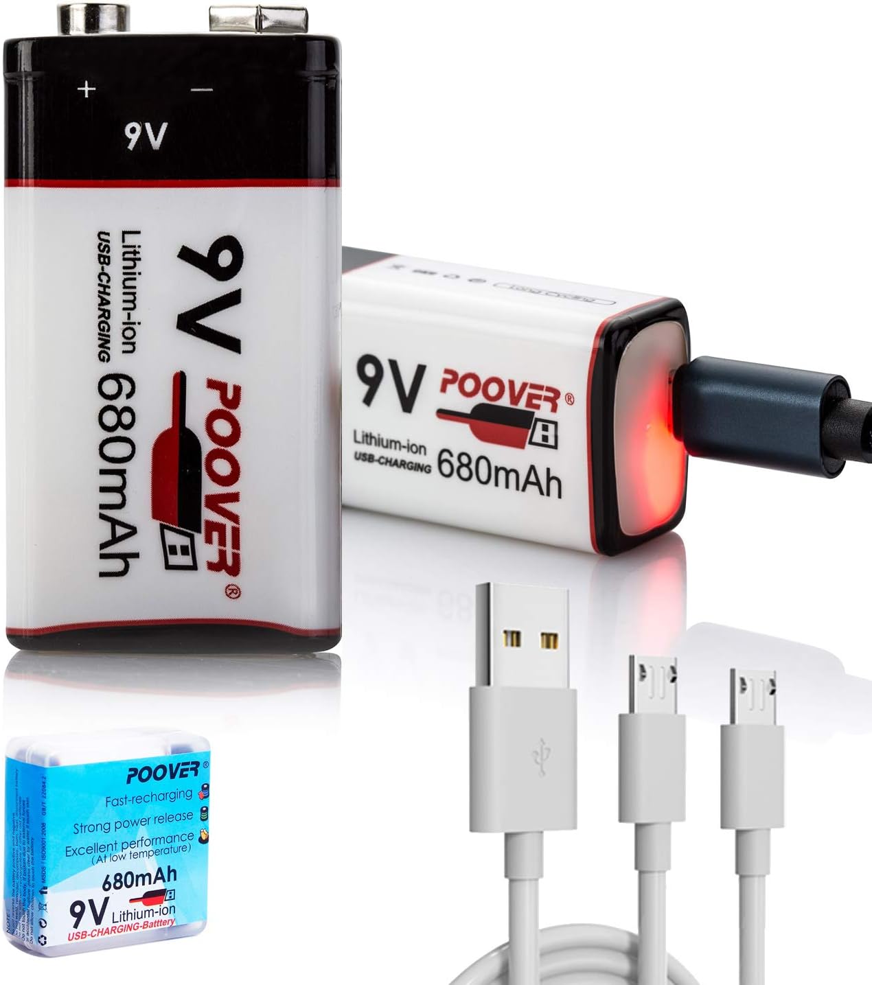 POOVER USB Rechargeable 9v batteries 680mAh Li-ion with 4 in 1 USB Cable for Keyboard Microphone Smoke Alarm
