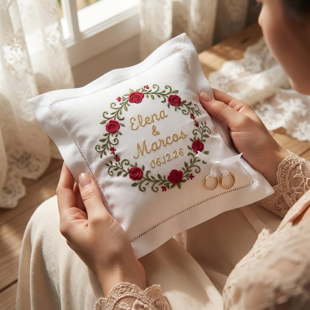 Personalized Embroidered Ring Bearer Pillow, Custom Floral Ring Holder, Names & Date Ceremony Cushion, Personalized Wedding Gift