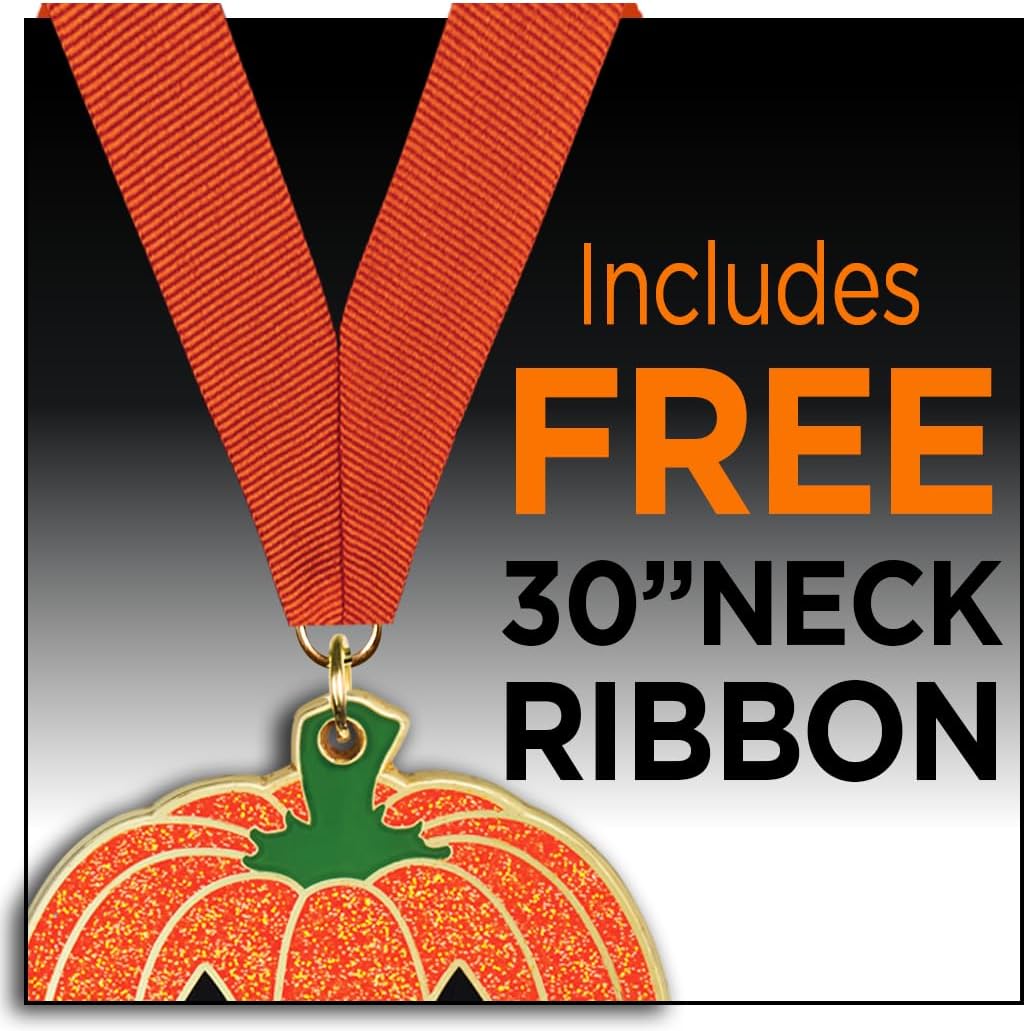 Glitter Halloween Pumpkin Medals Value Pack with Orange Ribbon, 2.25" Halloween Medal Awards & Trophy Medals
