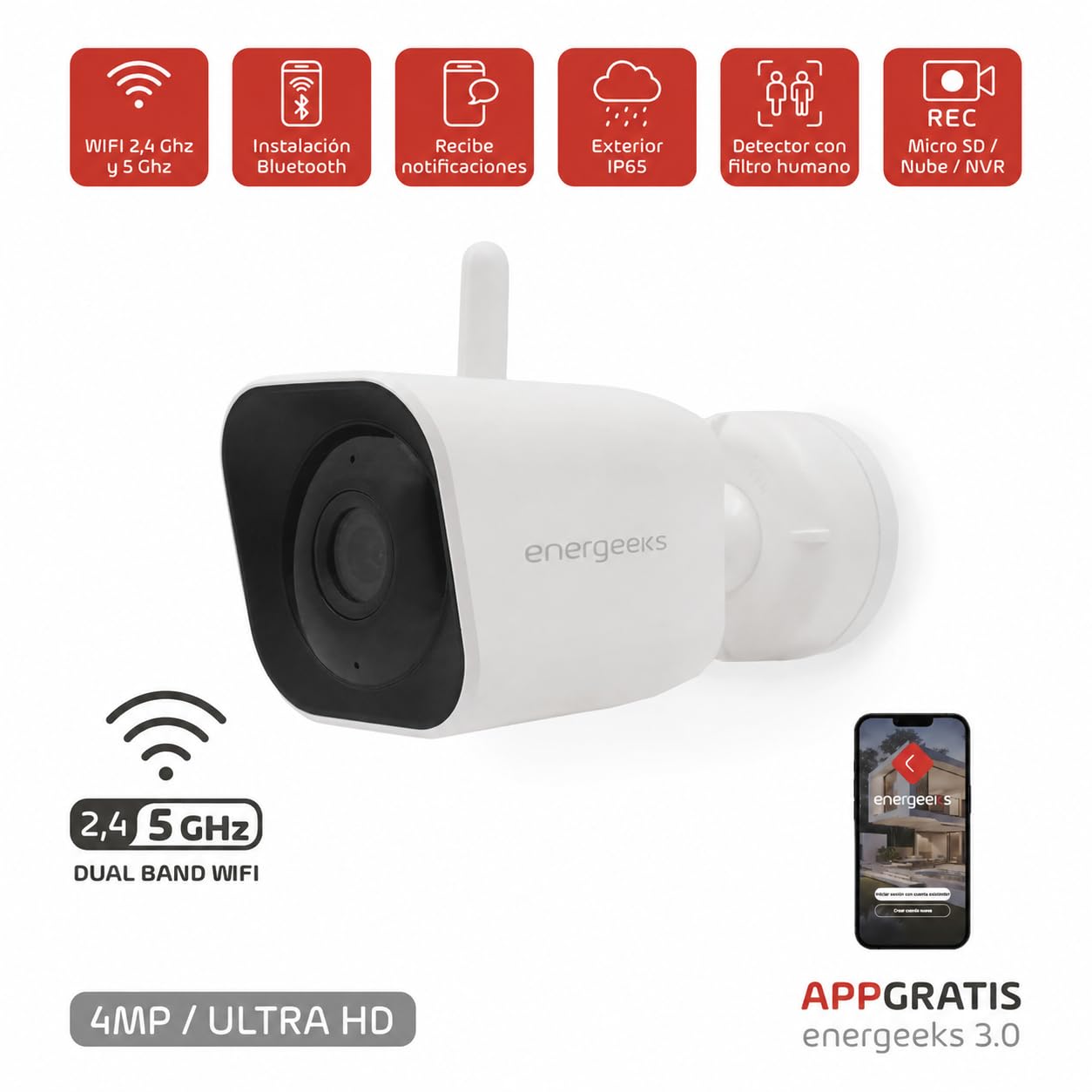 energeeks Guardian III kamera zewnętrzna WiFi - Dual 2,4/5 GHz - 4 MP Ultra HD - Instalacja Bluetooth - IP65 - Wykrywanie dźwięku i człowieka - Syrena odstraszająca - Zgodność z ONVIF