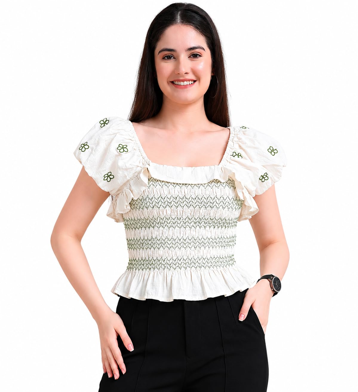 glam & chique Women’s Smocked Floral Embroidered Balloon Sleeve Peplum Top-XS-2XL-picture-23