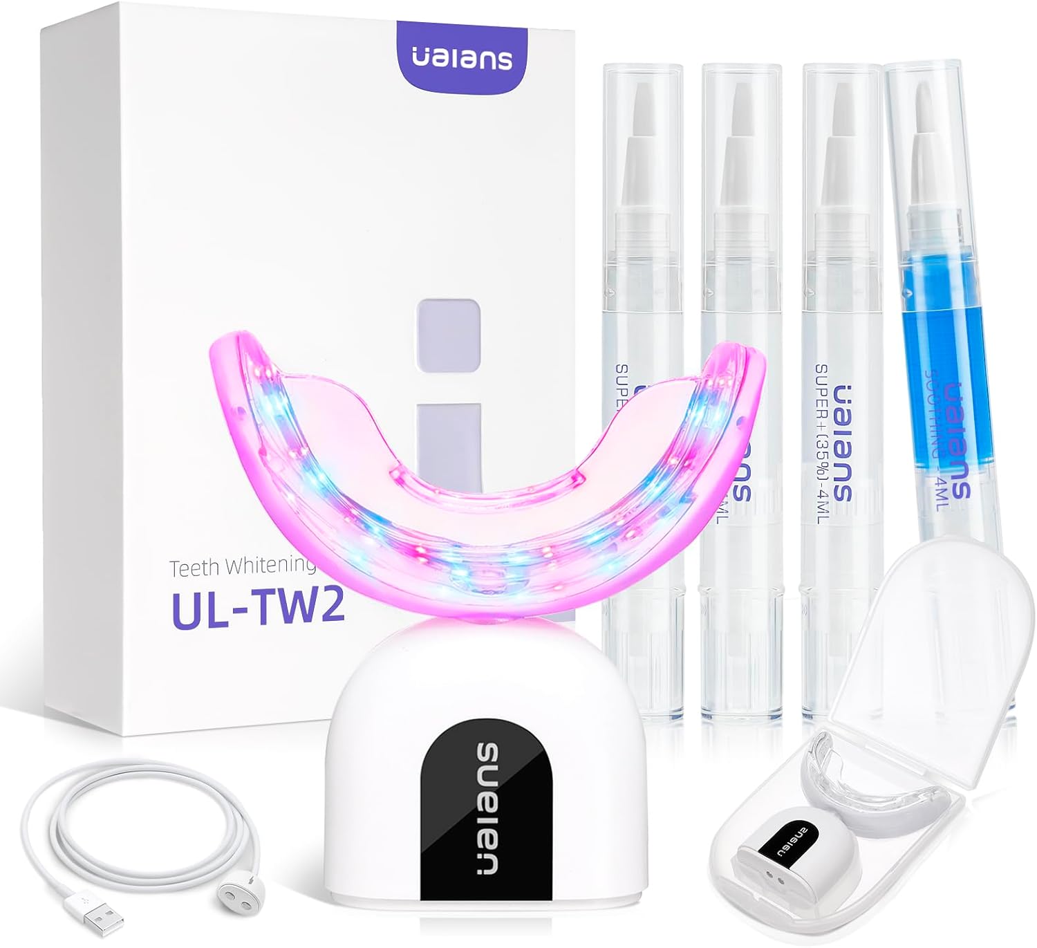 Ualans Blanqueador Dental Profesional, 32 LED, 3*Gel Blanqueamiento, Gel Calmante,Caja de Almacenaje, Kit Completo, 10 Mins Blanquear Dientes Fácilmente