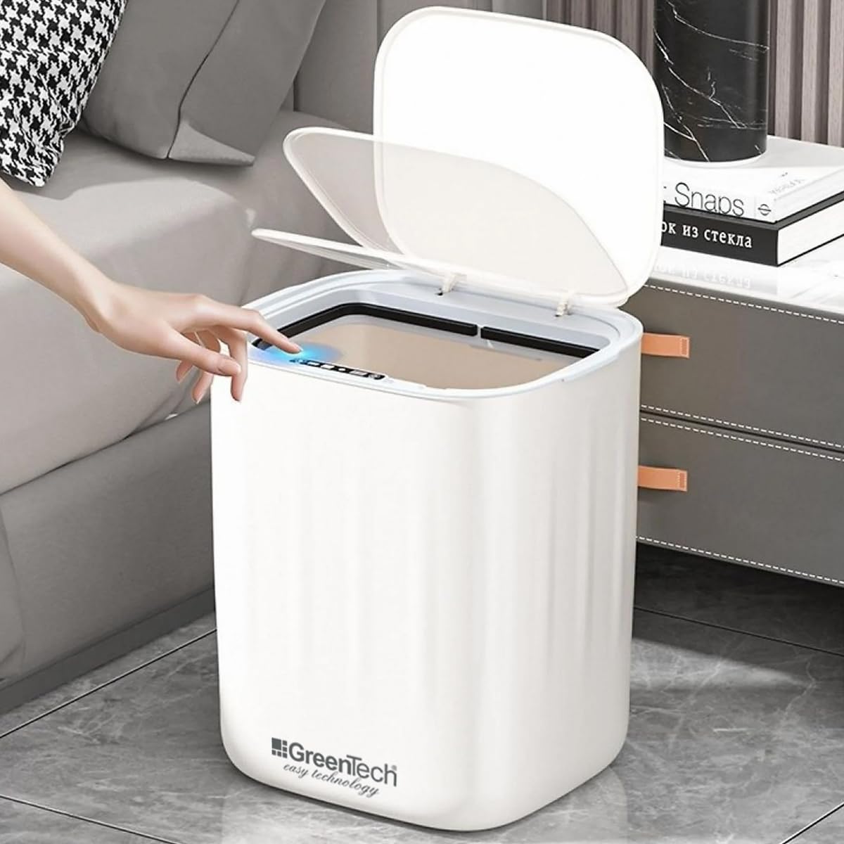 GreenTech Sensörlü Çöp Kovası Şarjlı Akıllı, Beyaz, 28 Litre,…