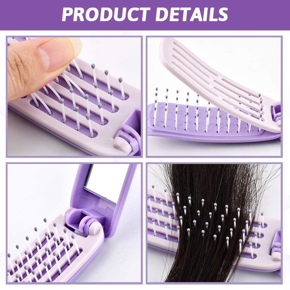 Foldable Self-Cleaning Travel Hair Brush with Mirror,Purple