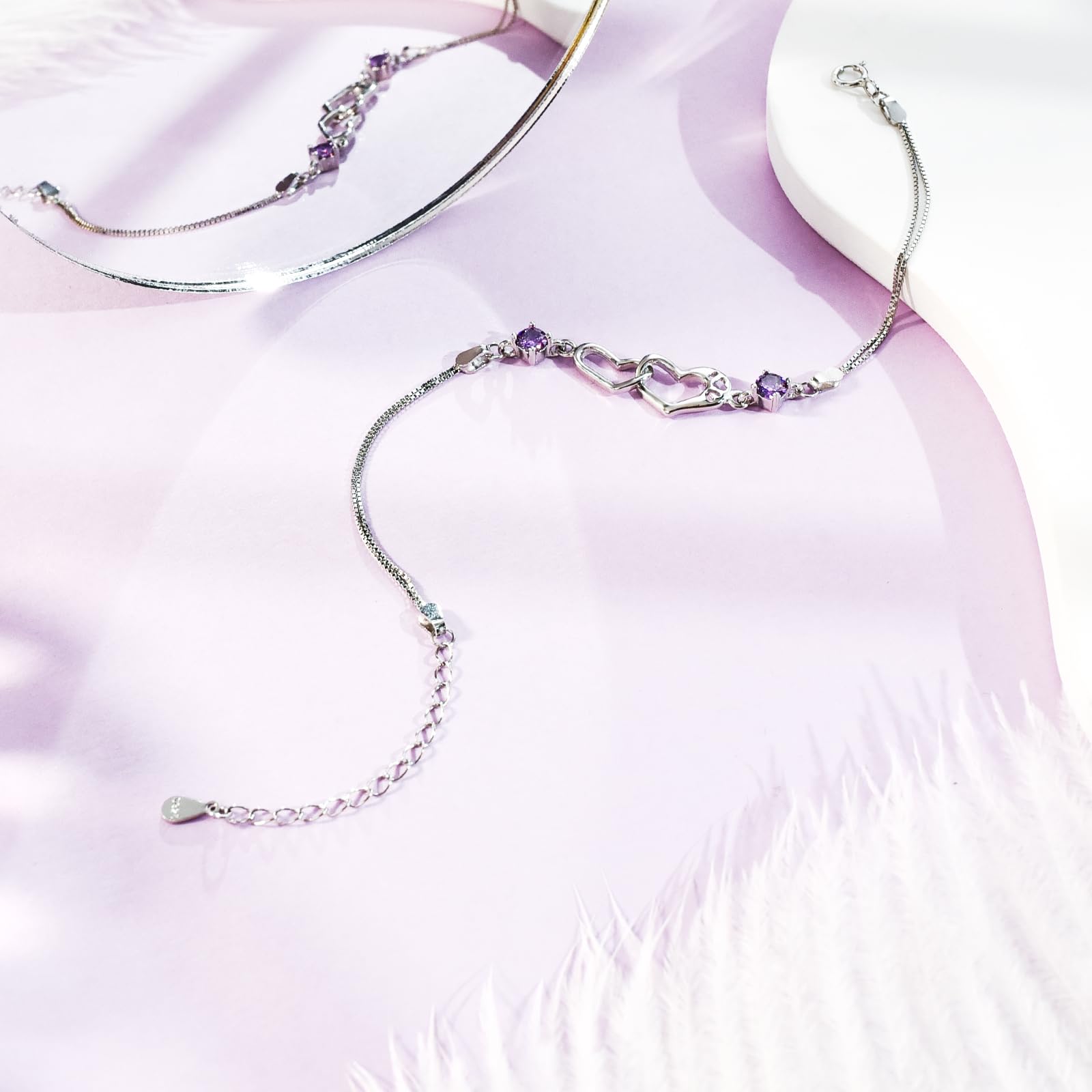 FANCIBAND Pulsera de mujer de plata 925 con doble corazón con circonita púrpura, personalizada, pulseras de mujer plateadas, regalo de cumpleaños de San Valentín para ella esposa novia, Talla única,