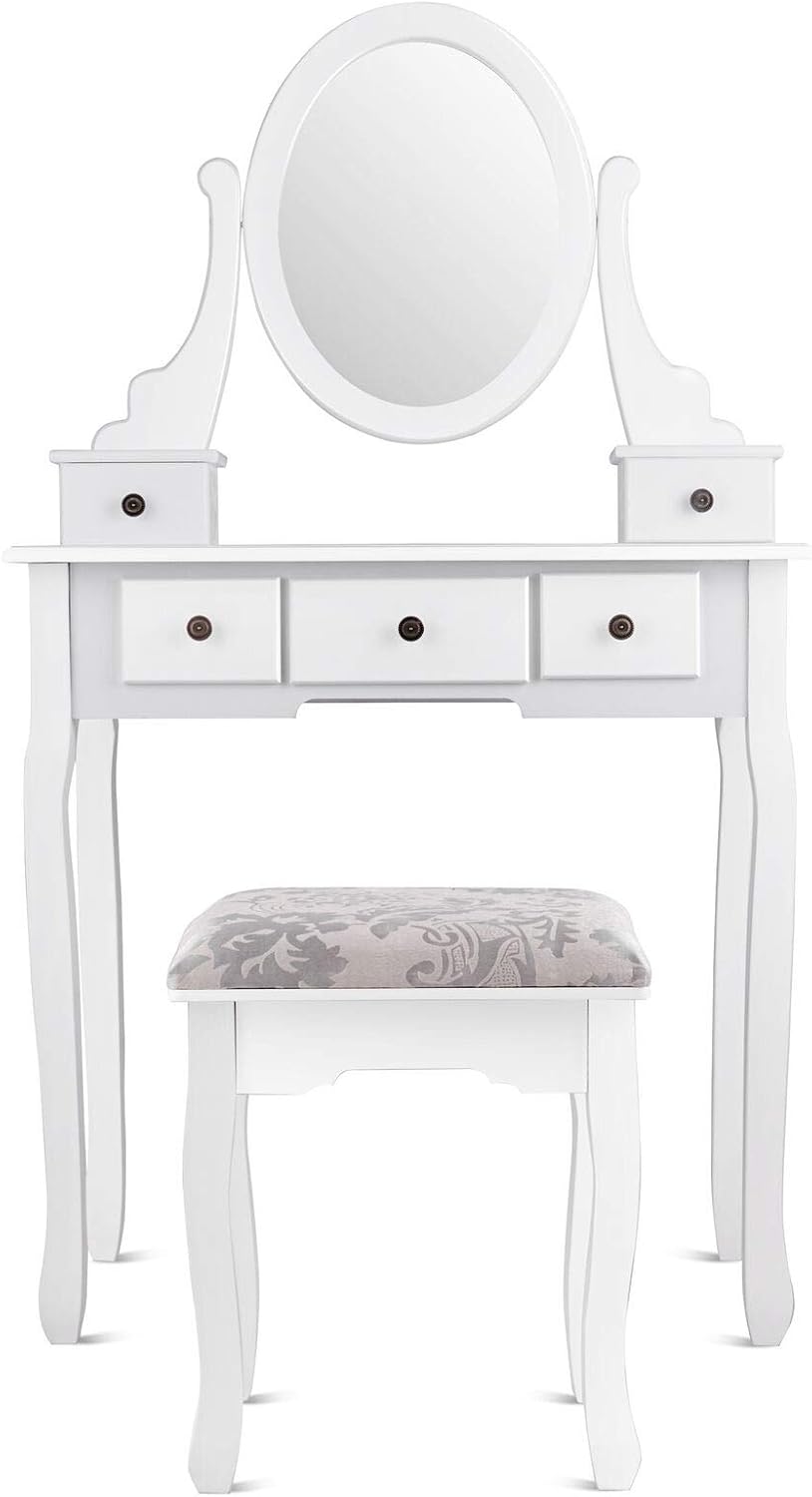 GOFLAME Makeup Vanity Table Set with Cushioned Stool, Removable Table Top Dressing Table Set with 5 Drawers and 360° Rotating Round Mirror, Writing Desk for Bedroom Dressing Room Cloakroom, White