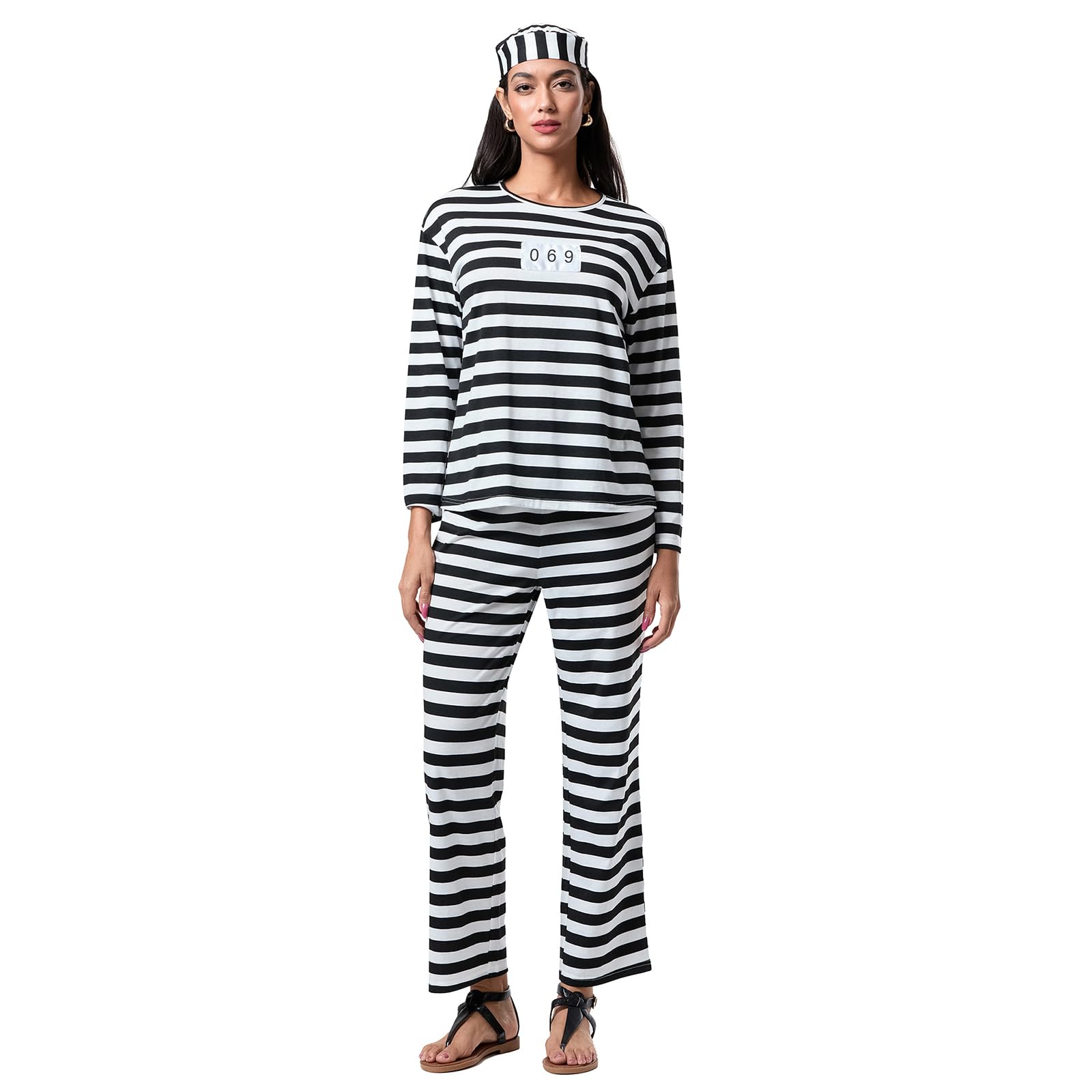 Women's Funny Prisoner Costumeand White Stripe Prison Uniforms Halloween Jail Dress Up Cosplay Party Clothes (Gray, S)