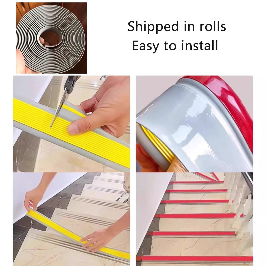 Perfil de protección para borde de escalón autoadhesivo de PVC de 100/120 cm, perfil de vinilo para escalera, tiras de goma antideslizantes para interiores y exteriores(Yellow,150cm/59 In)