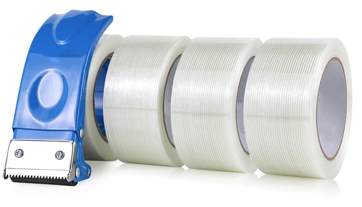 Strapping Tape 5.5Mil x 2Inch x 35Yds with Dispenser 4-Packs,Mono Fiberglass Reinforced Packing Tape Heavy Duty Wear-Resistant Sealing Tape for Shipping,Moving (Total 140Yds)
