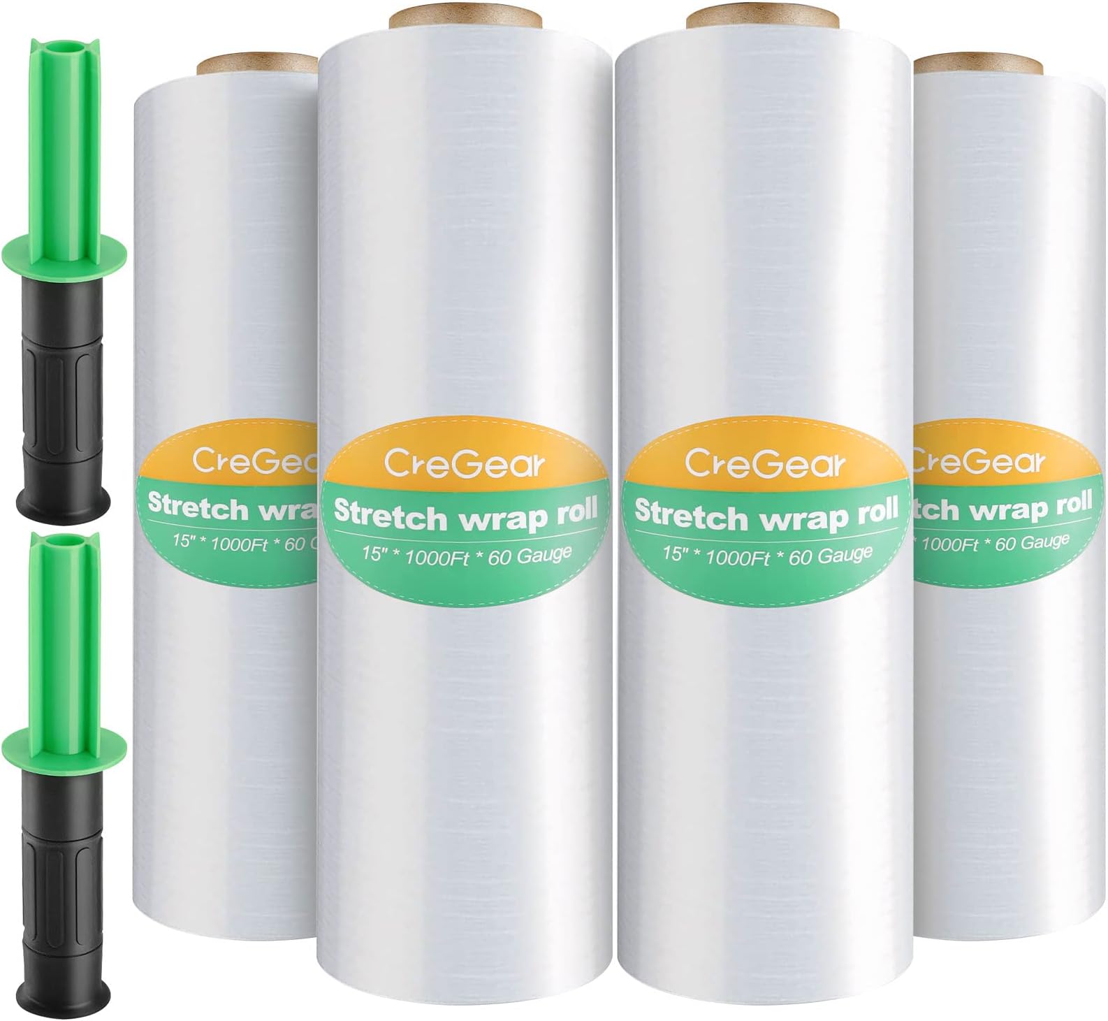 Stretch Wrap with Handles, 15" x 1000 Feet Industrial Strength Shrink Wrap Roll for Moving Supplies, Furniture, Pallet Wrap, Wrapping Plastic Roll, 4 Pack, 60 Gauge, Clear