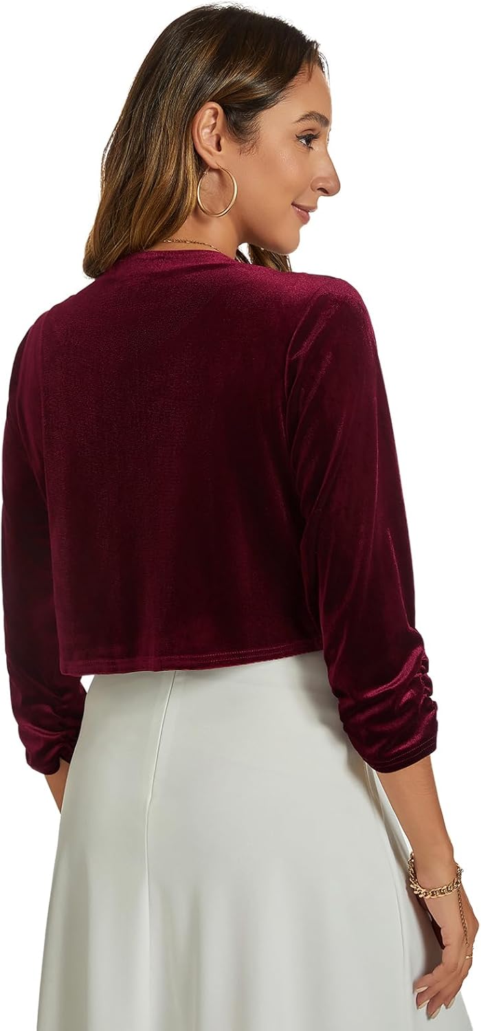 Womens Velvet Bolero Shrug Elegant Open Front Ruched 3/4 Sleeve Cocktail Party Cropped Cardigan - Image 3