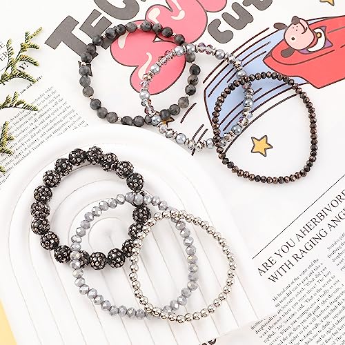 Bohemian Black Beaded Bracelets for Women Multilayer Disco Ball Bead Stretch Bracelets Handmade Boho Stackable Glass Beads Shiny Statement Bracelet Set Fashion Party Jewelry Gifts for Women3