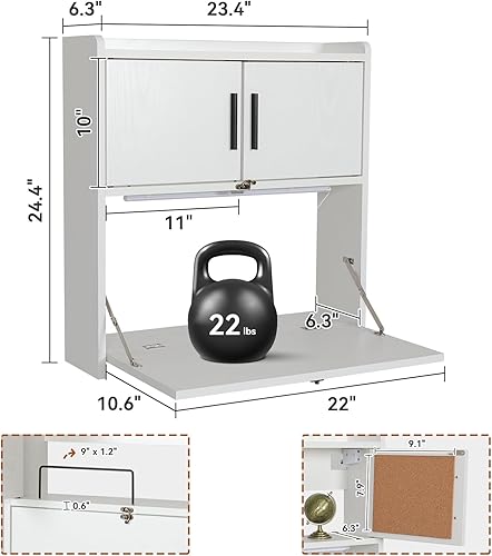 Miniatura 3 de ARTETHYS Escritorio montado en la pared con luz LED multifuncional plegable para computadora portátil, mesa de trabajo de escritura con