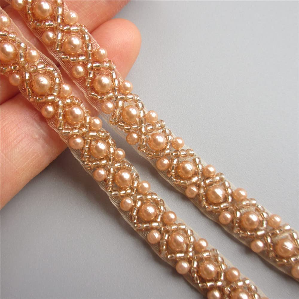 2 Yards Champagne Pearl Beaded Trim Bridal Lace Ribbon Trimming Edge Tape for Craft Sewing Wedding Dress Fabric DIY Decoration 1cm Width