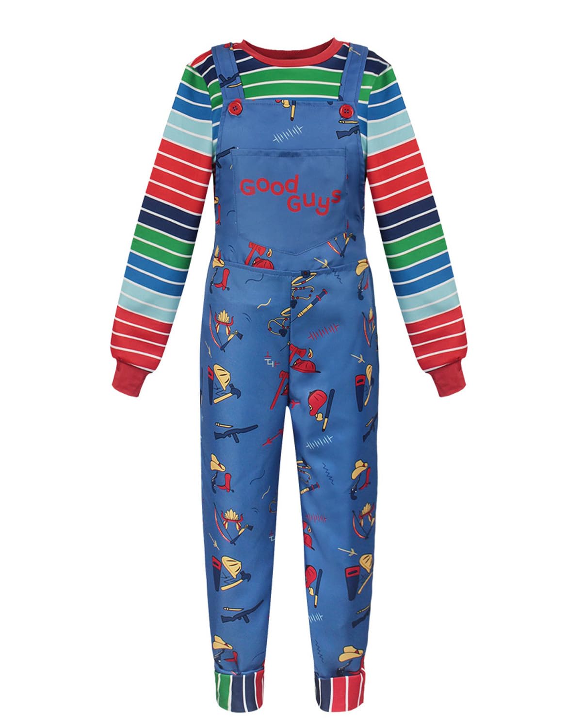 Koongso Adult Chucky Costume, Men Women Horror Movie Killer Doll Chucky Cosplay Overalls with Stripe T-shirt Hallowen Carnival Party Dress Up