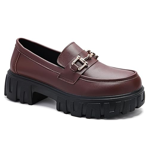 Maichal Platform Loafers for Women Slip On Chunky Heel Lug Sole Shoes Business Work Dressy Loafers with Chain - 9 - Brown