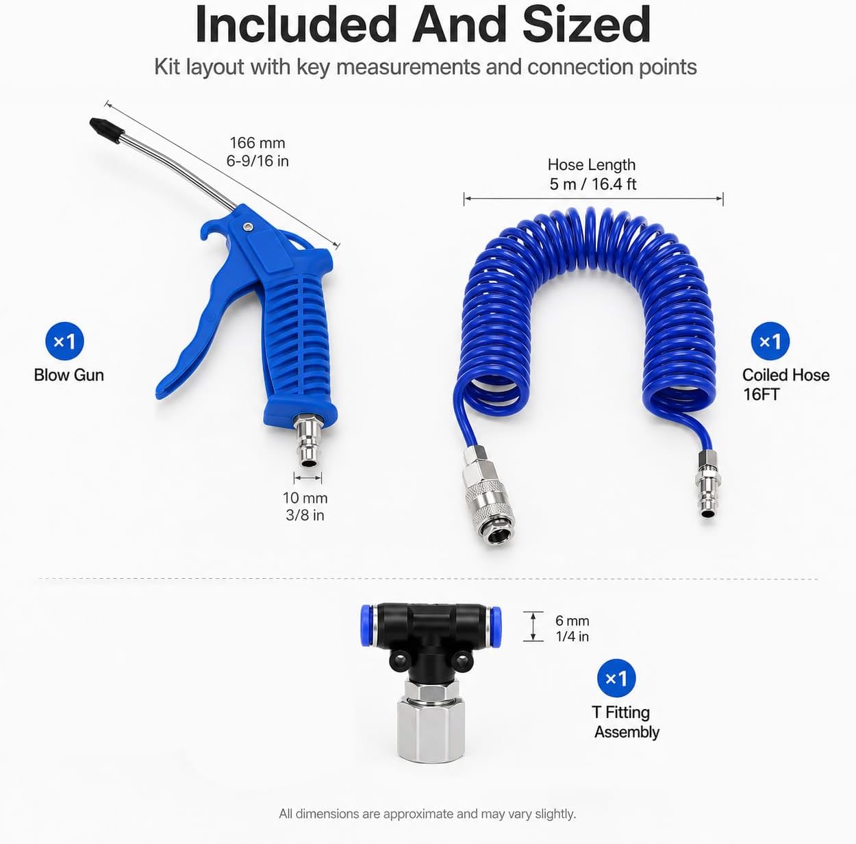 QWORK Air Blow Gun Kit with 16ft Pneumatic PU Hose, 1/4" Industrial Quick Coupler & Plug, 120mm Steel Nozzle, T-Quick Connector Auto Shut-Off Valve for Air Compressor Dust Blow-Off