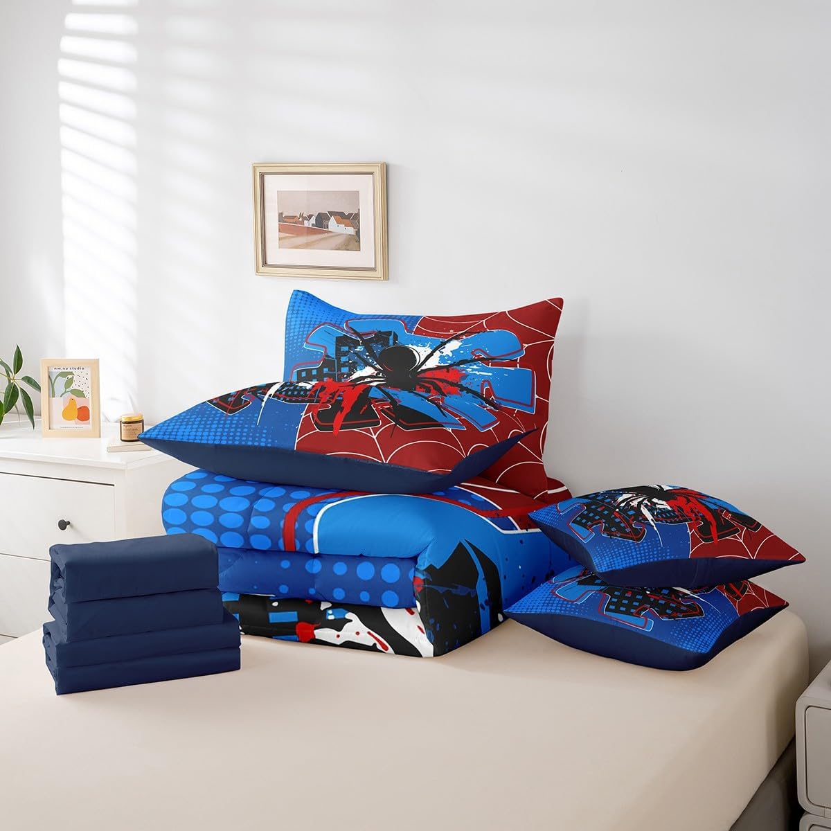 7 Pcs Spider Web Kids Comforter King Size,Spider Arachnid Insect Animal Boys Men Bedding Set,Modern Block Halloween Red Blue Unique（Comforter+Fitted+Sheet+2 Pillowcases+2 Throw Pillow Covers）