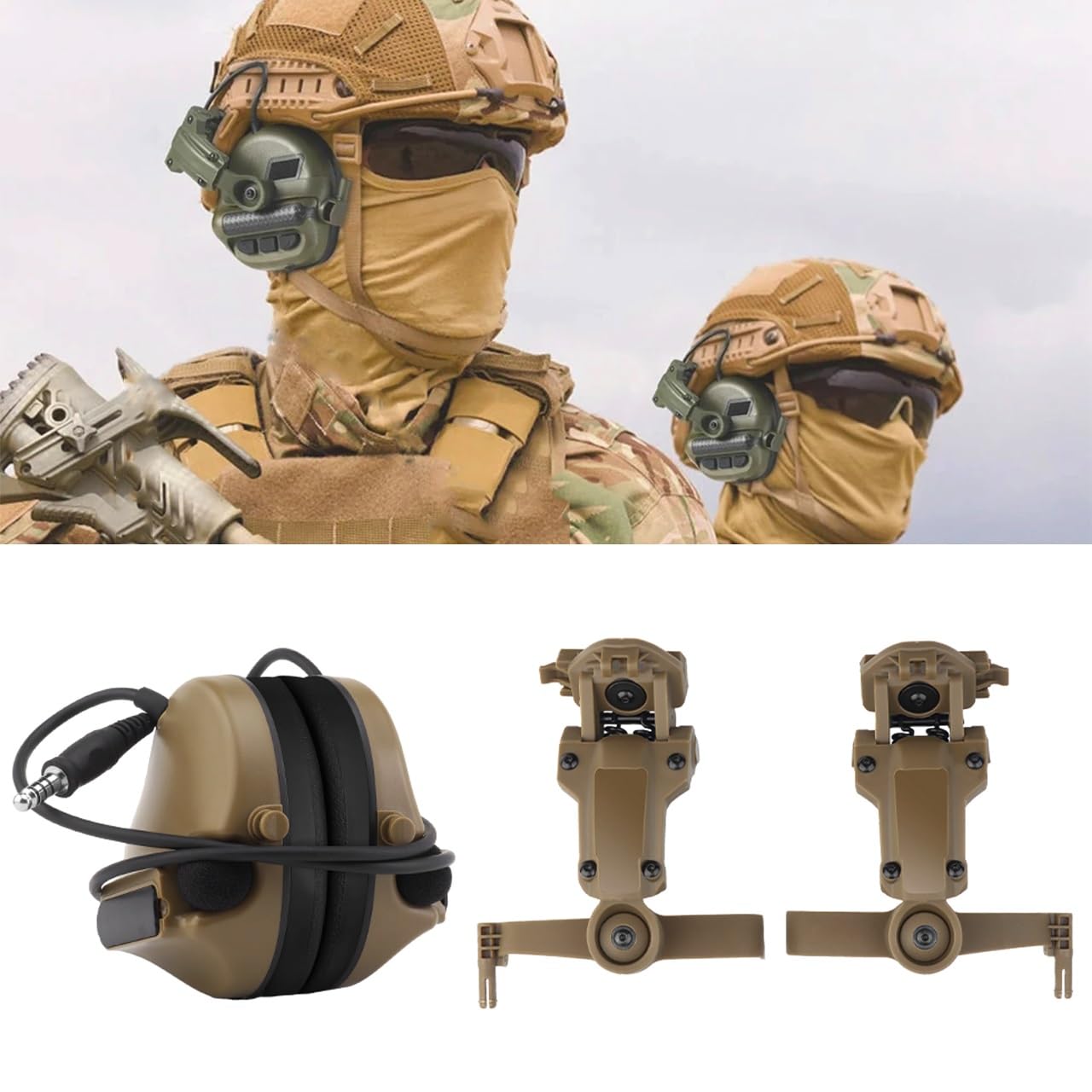 Casque Tactique Casque Antibruit De Chasse Et De Tir avec Microphone, sans Réduction Active du Bruit Version Casque Ecouteur De Tir Casque De Communication(Tan)