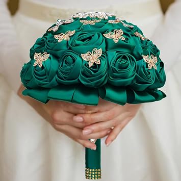 Golden Brooch Diamond Bouquets Bride Holding Bouquet Bridesmaids Bouquet Dark Green Satin Roses with Crystal Diamond for Wedding Decoration. (Emerald Green)