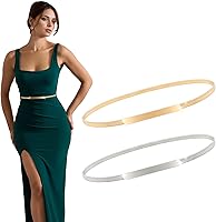 XZQTIVE 2-Pack Women's Skinny Metal Chain Waist Belt - Stretchy Gold Silver Saree Cinch Belts for Dresses