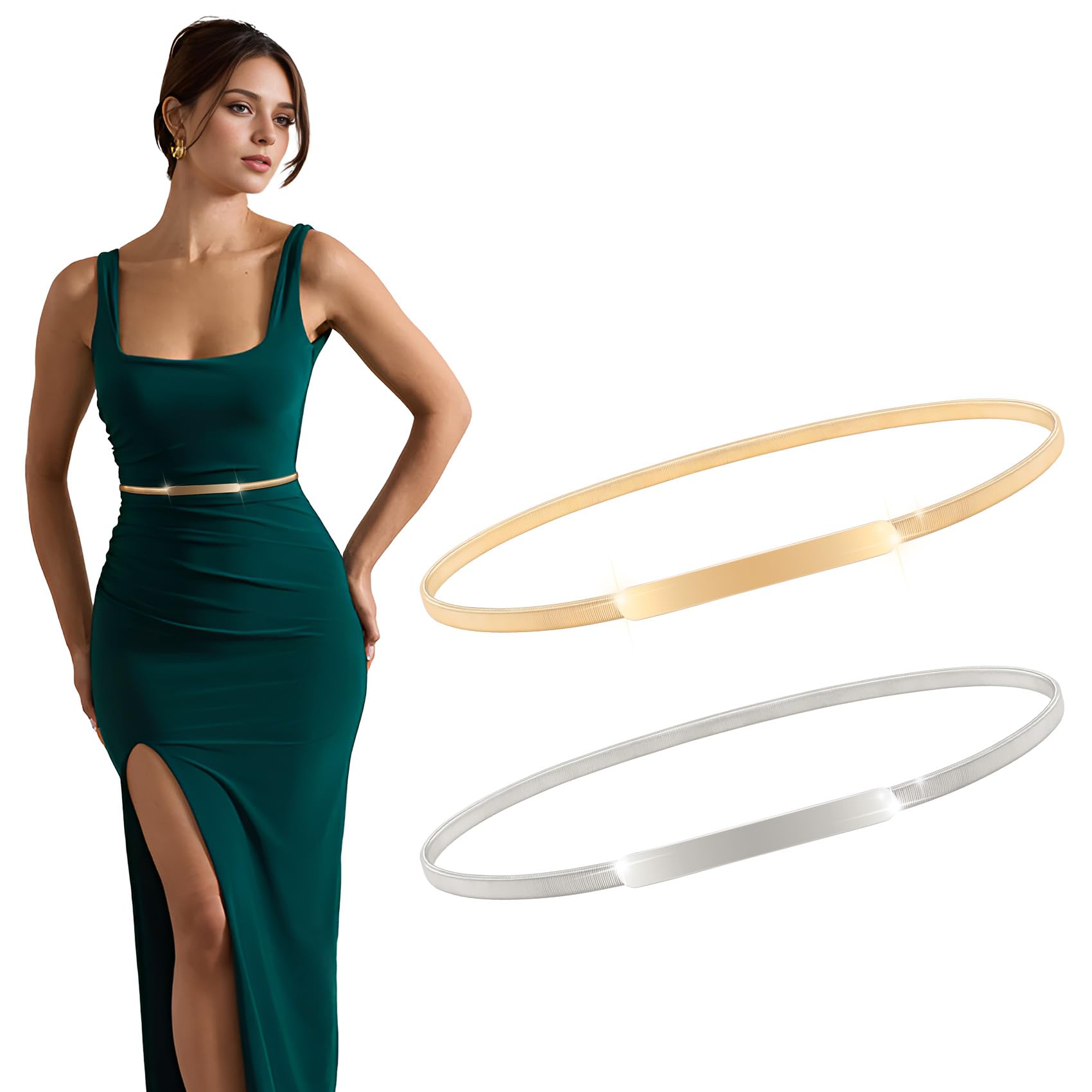 XZQTIVE 2 Pieces Women Skinny Metal Chain Waist Belt Stretchy Saree Cinch Belt for Dress Gold Sliver